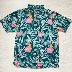 Bad Birdie Mens Polo Shirt XL Golf Parrot Hawaiian Stretch Floral Short Sleeve